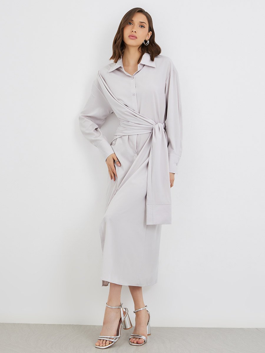 Solid Buttoned Spread Collar Midi Dress with Tie-Up Detail