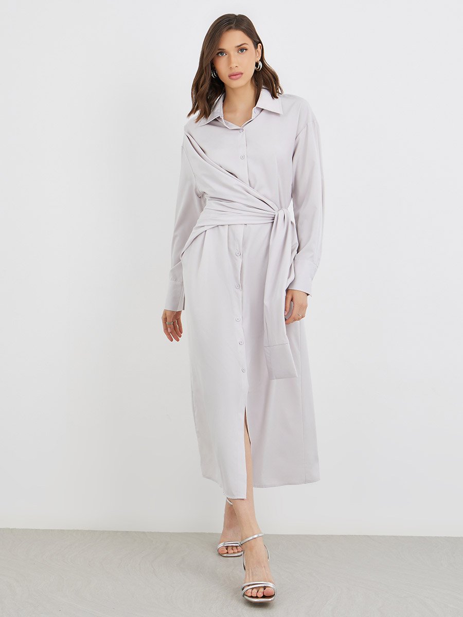 Solid Buttoned Spread Collar Midi Dress with Tie-Up Detail