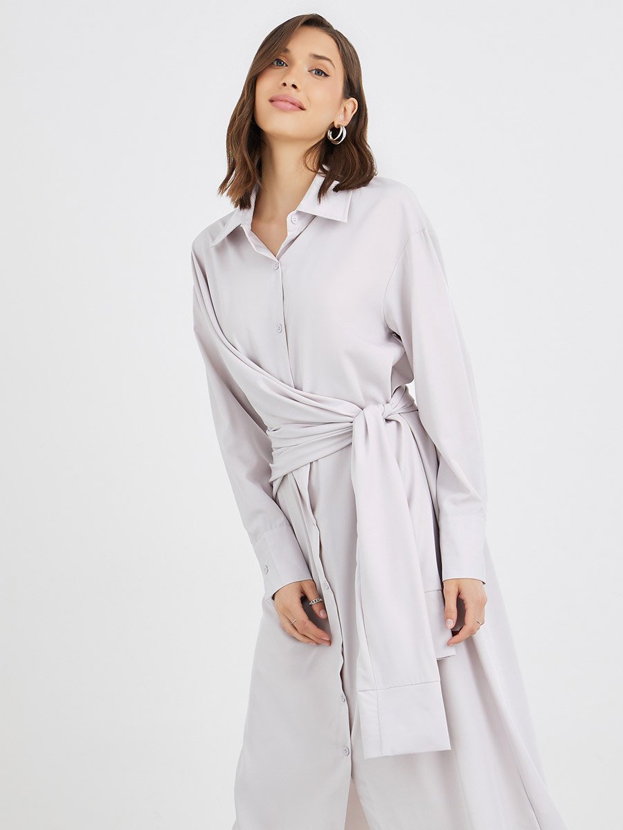 Solid Buttoned Spread Collar Midi Dress with Tie-Up Detail