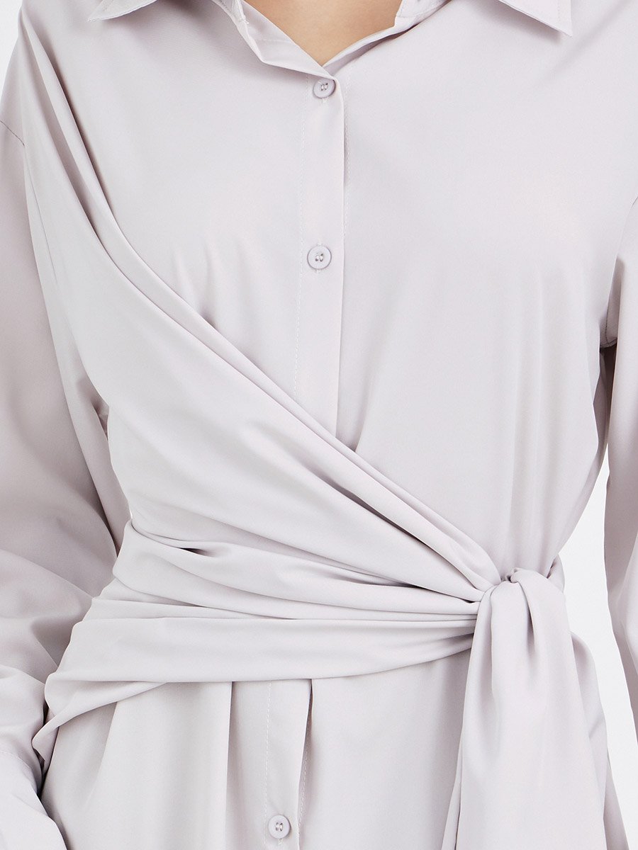 Solid Buttoned Spread Collar Midi Dress with Tie-Up Detail