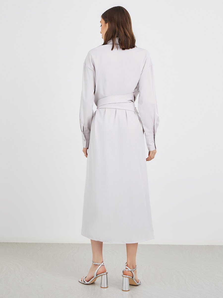 Solid Buttoned Spread Collar Midi Dress with Tie-Up Detail