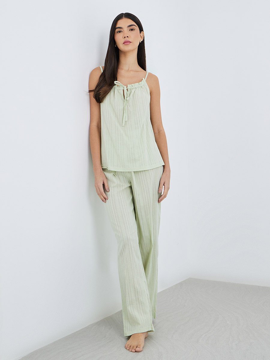 Textured Cotton Stripe Ruched Tie Front Cami and Pyjama Set