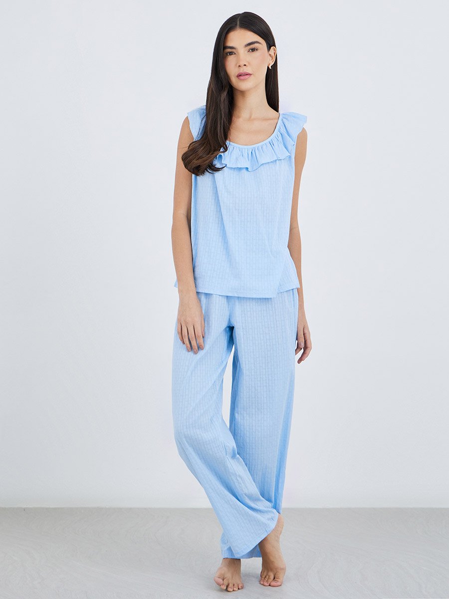 Textured Cotton Ruffle Neck Top and Pyjama Set