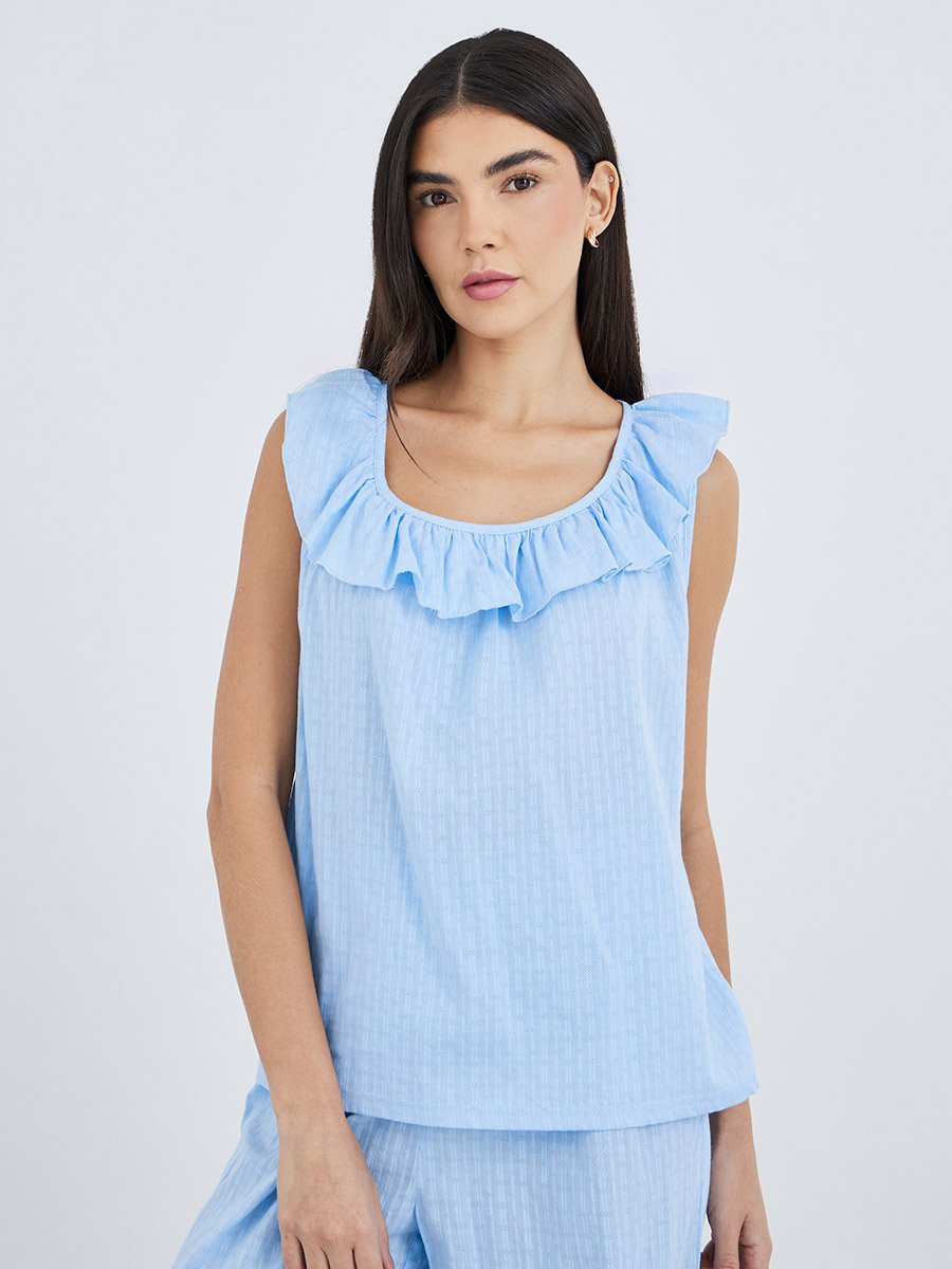 Textured Cotton Ruffle Neck Top and Pyjama Set