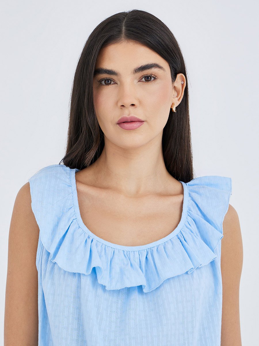 Textured Cotton Ruffle Neck Top and Pyjama Set