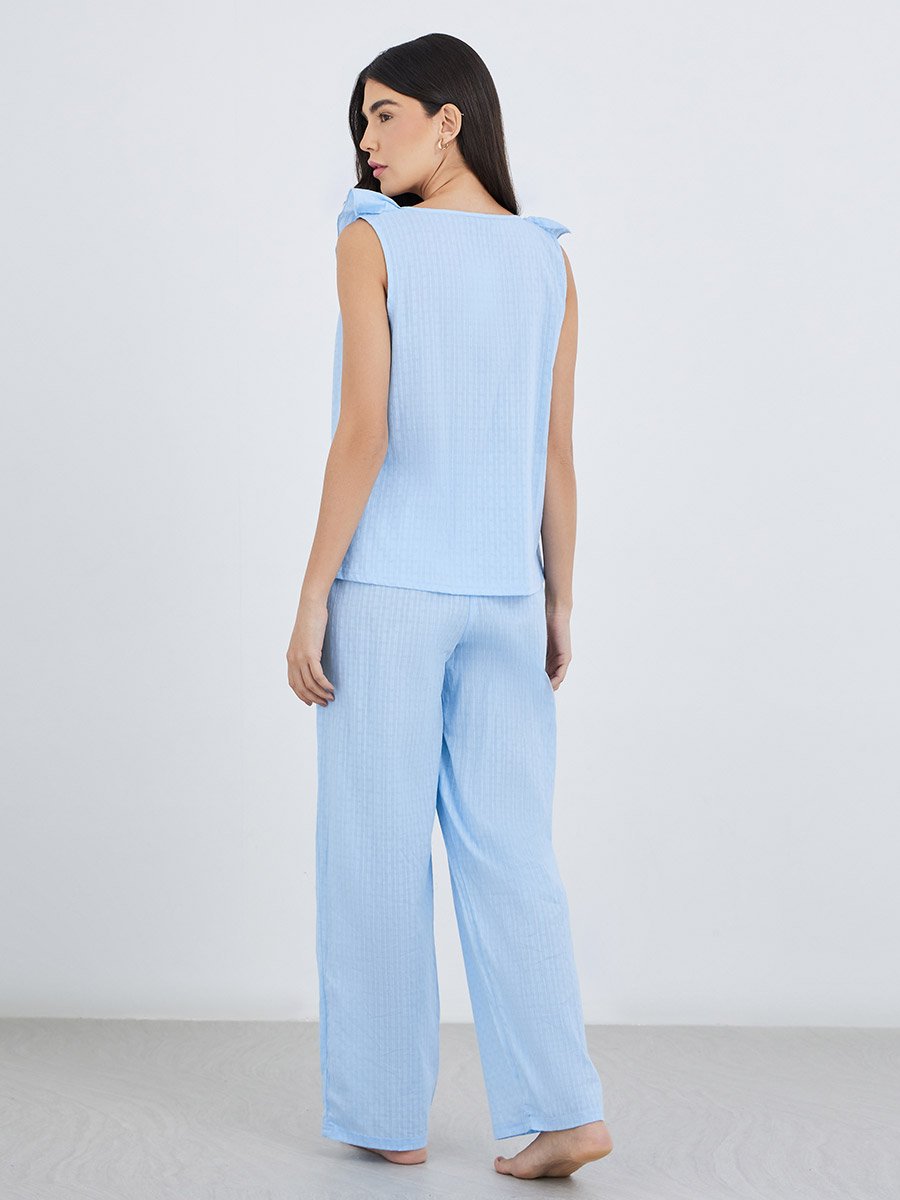 Textured Cotton Ruffle Neck Top and Pyjama Set