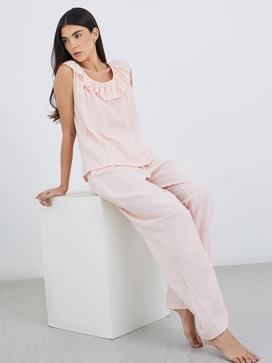 Textured Cotton Ruffle Neck Top and Pyjama Set