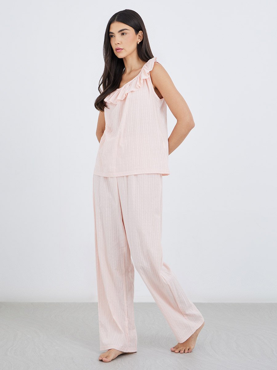 Textured Cotton Ruffle Neck Top and Pyjama Set
