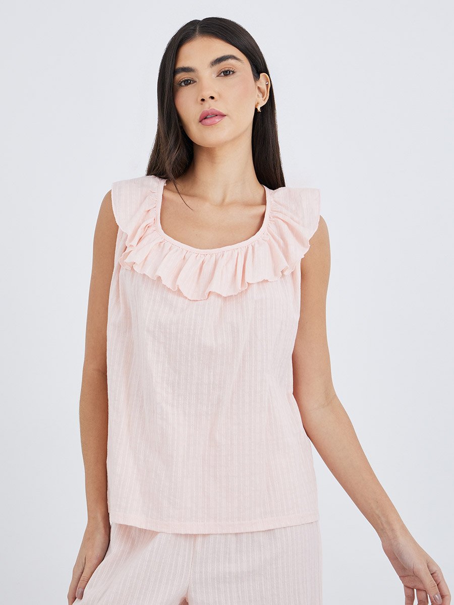 Textured Cotton Ruffle Neck Top and Pyjama Set