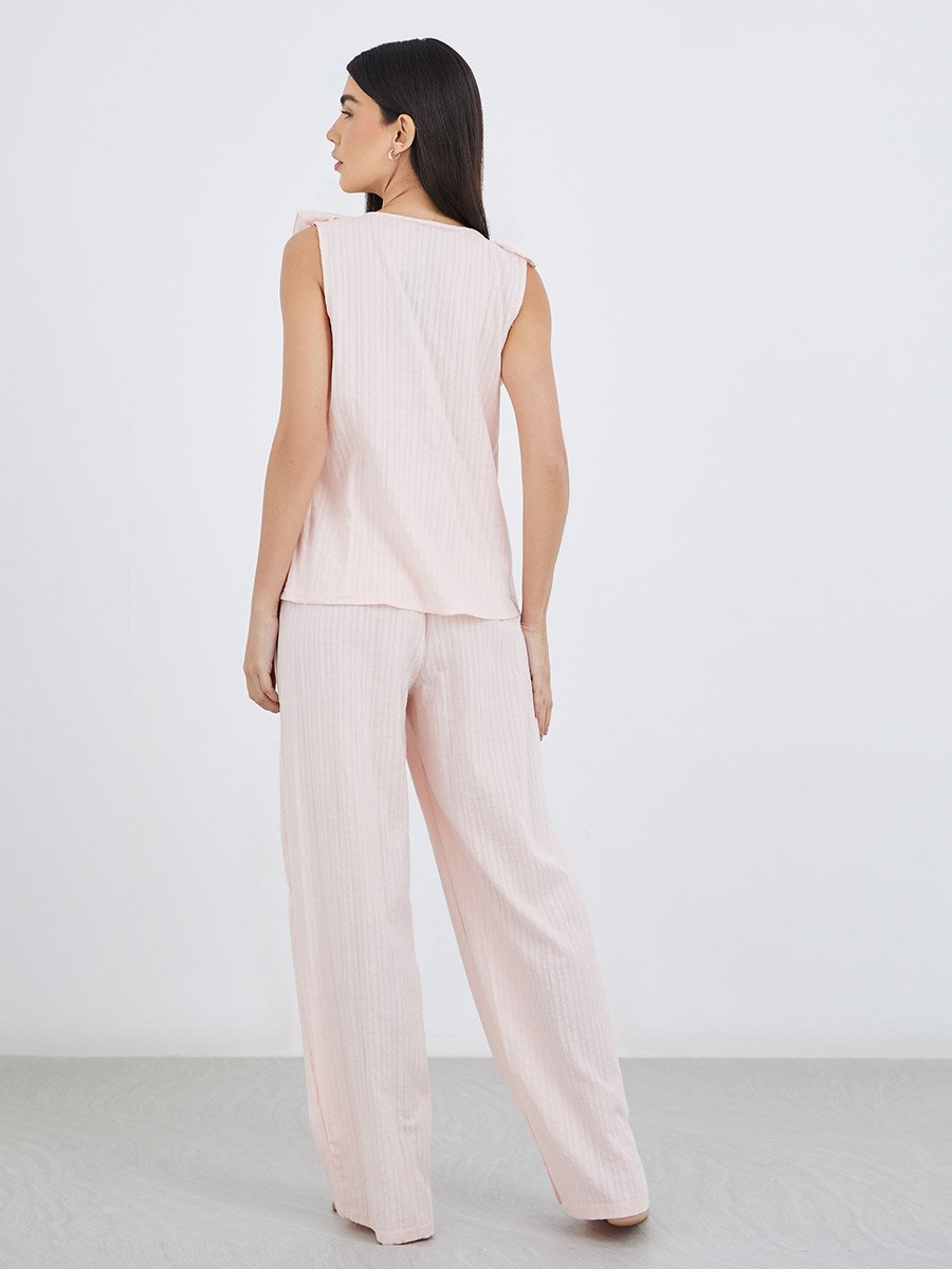 Textured Cotton Ruffle Neck Top and Pyjama Set