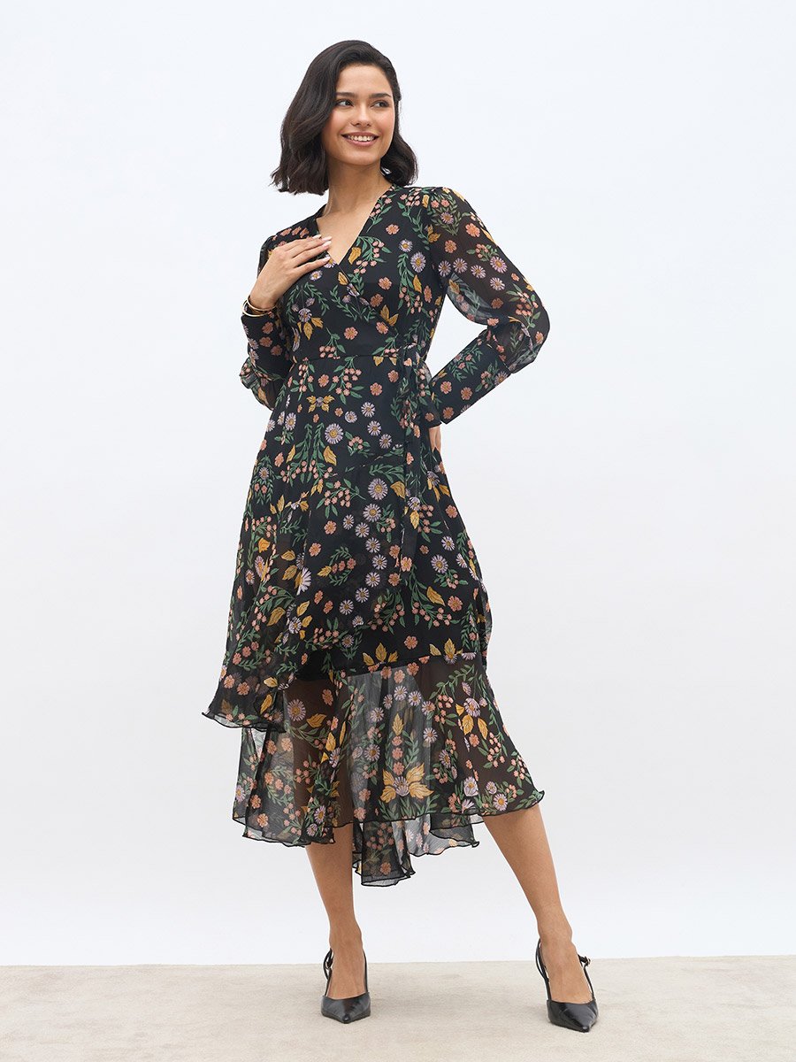All-Over Print Asymmetric Hem Wrap Midi Dress