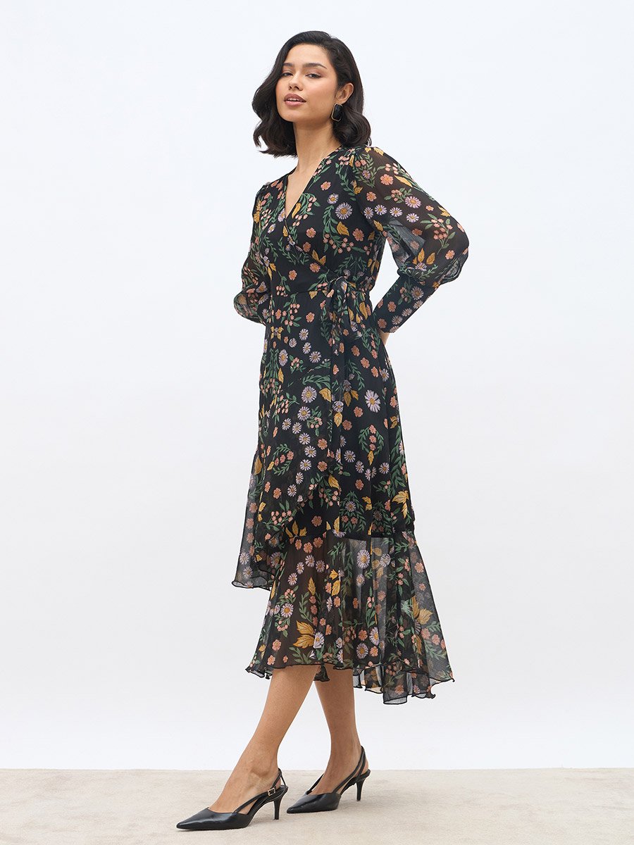 All-Over Print Asymmetric Hem Wrap Midi Dress