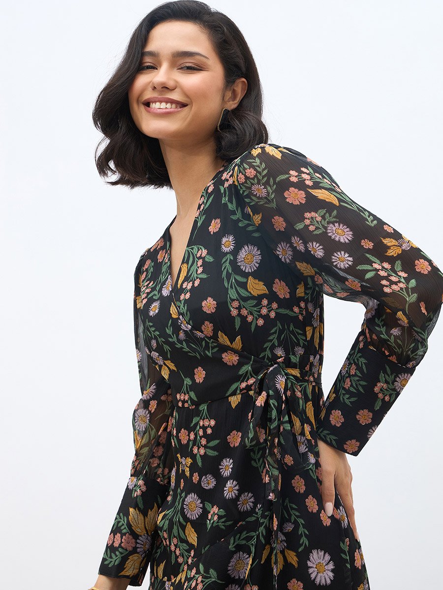 All-Over Print Asymmetric Hem Wrap Midi Dress For Women at Saudi | Styli