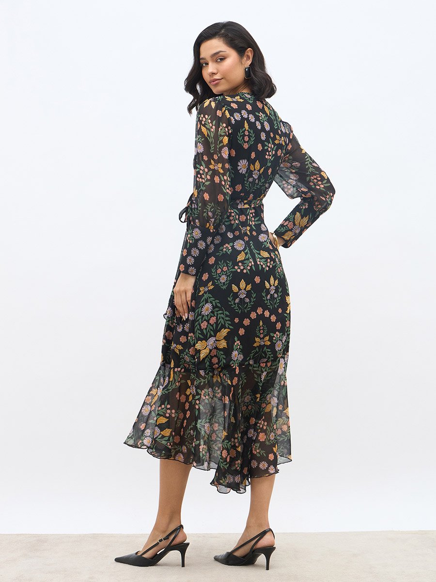 All-Over Print Asymmetric Hem Wrap Midi Dress