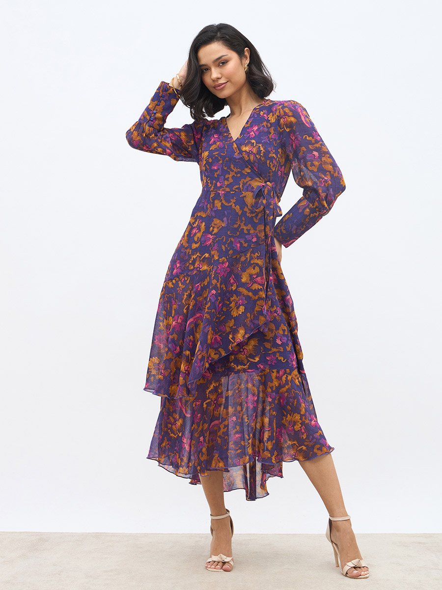 All-Over Print Asymmetric Hem Wrap Midi Dress