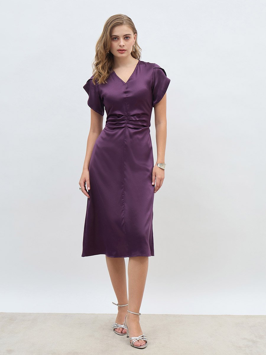 Women Purple Solid Petal Sleeves A-Line Midi Dress