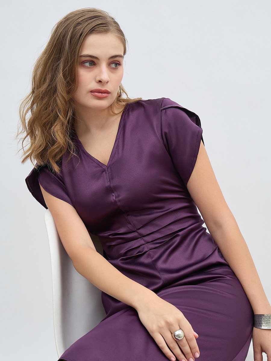 Women Purple Solid Petal Sleeves A-Line Midi Dress