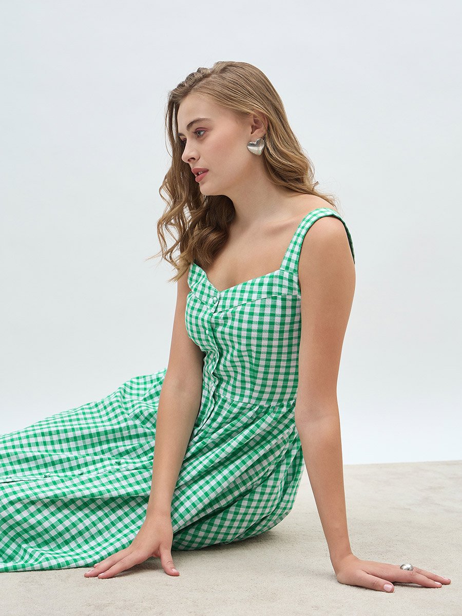 knee length dresses for ladies Green Gingham Check Maxi Dress