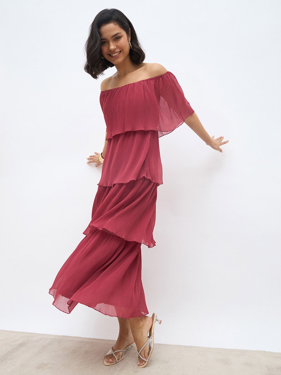 Solid Off-Shoulder Tiered Maxi Dress