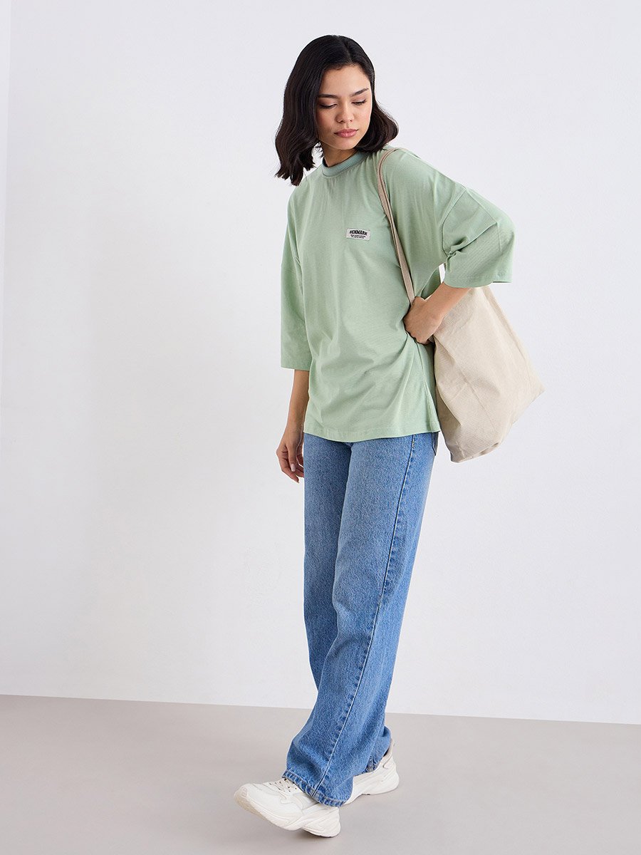 Green Oversized 100% Cotton T-Shirt with Badge Detail