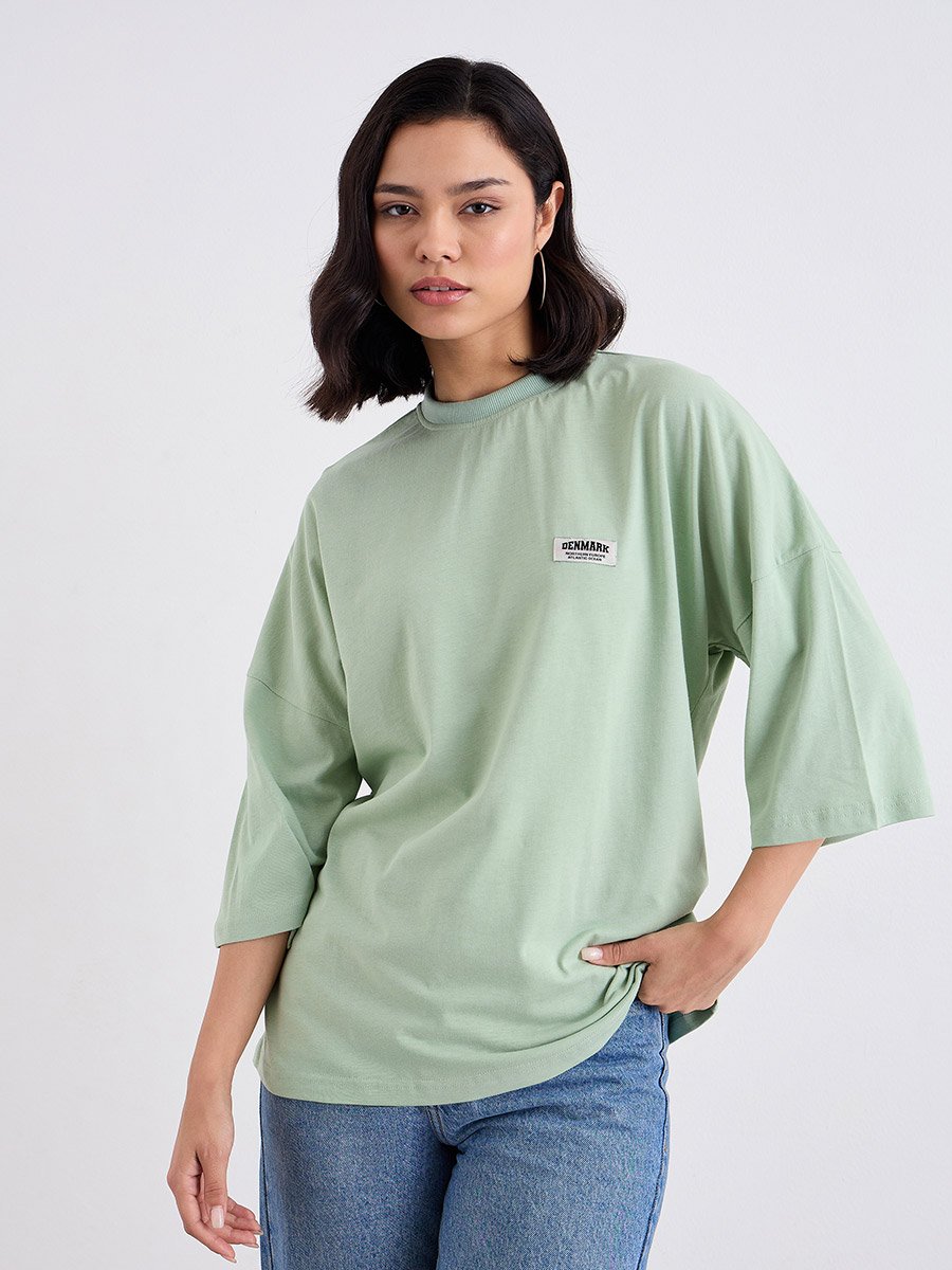 Green Oversized 100% Cotton T-Shirt with Badge Detail