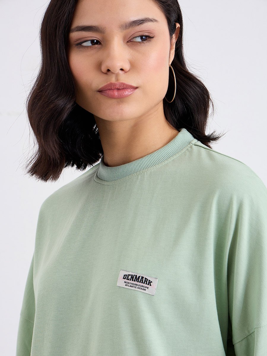 Green Oversized 100% Cotton T-Shirt with Badge Detail