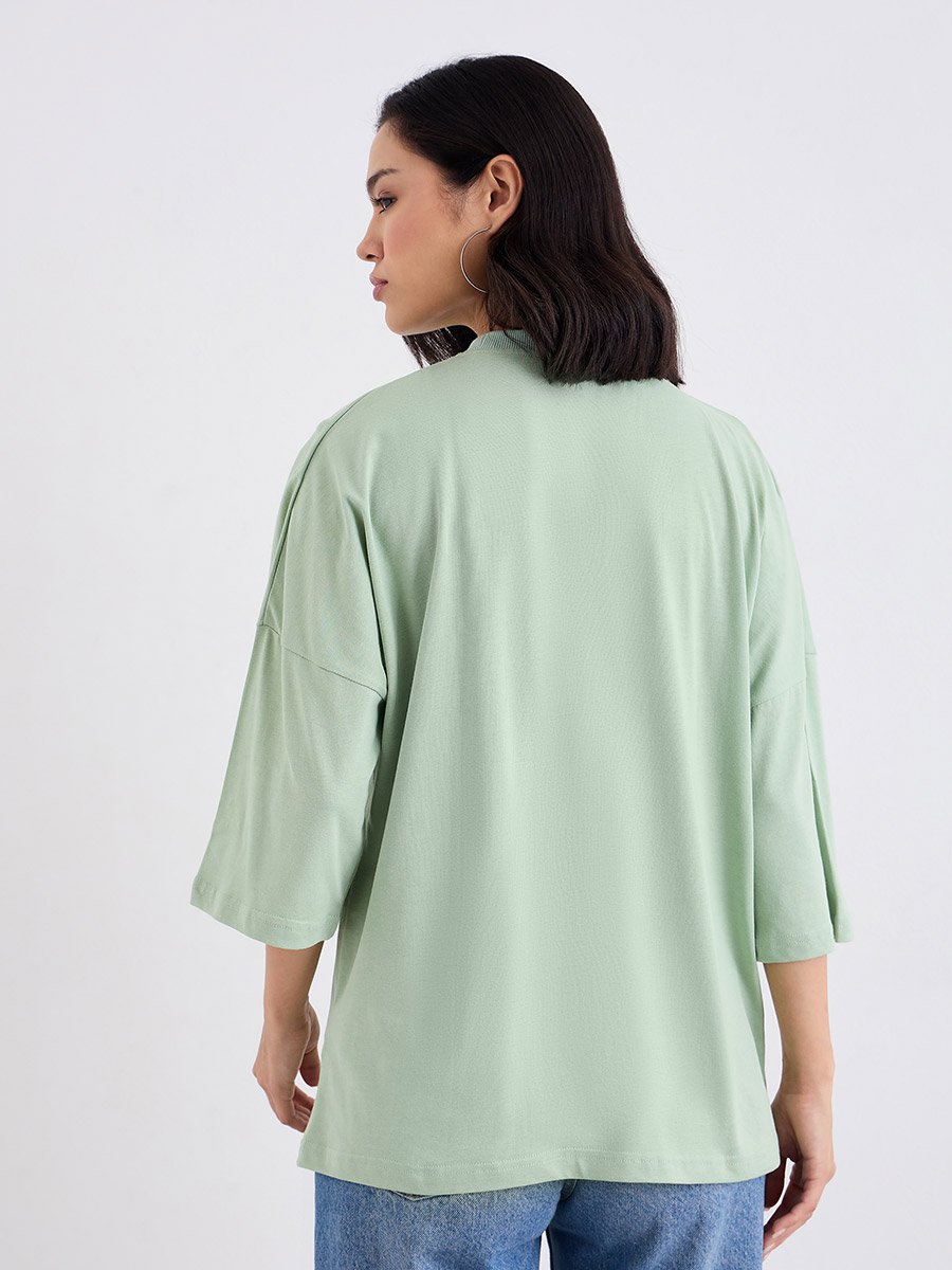 Green Oversized 100% Cotton T-Shirt with Badge Detail