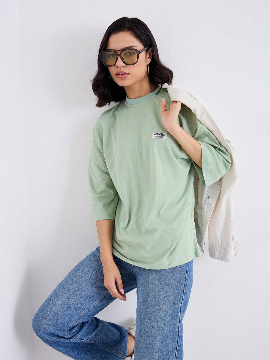 Green Oversized 100% Cotton T-Shirt with Badge Detail