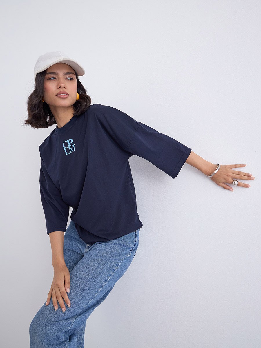 Navy Blue Oversized 3/4 Sleeve 100% Cotton T-Shirt