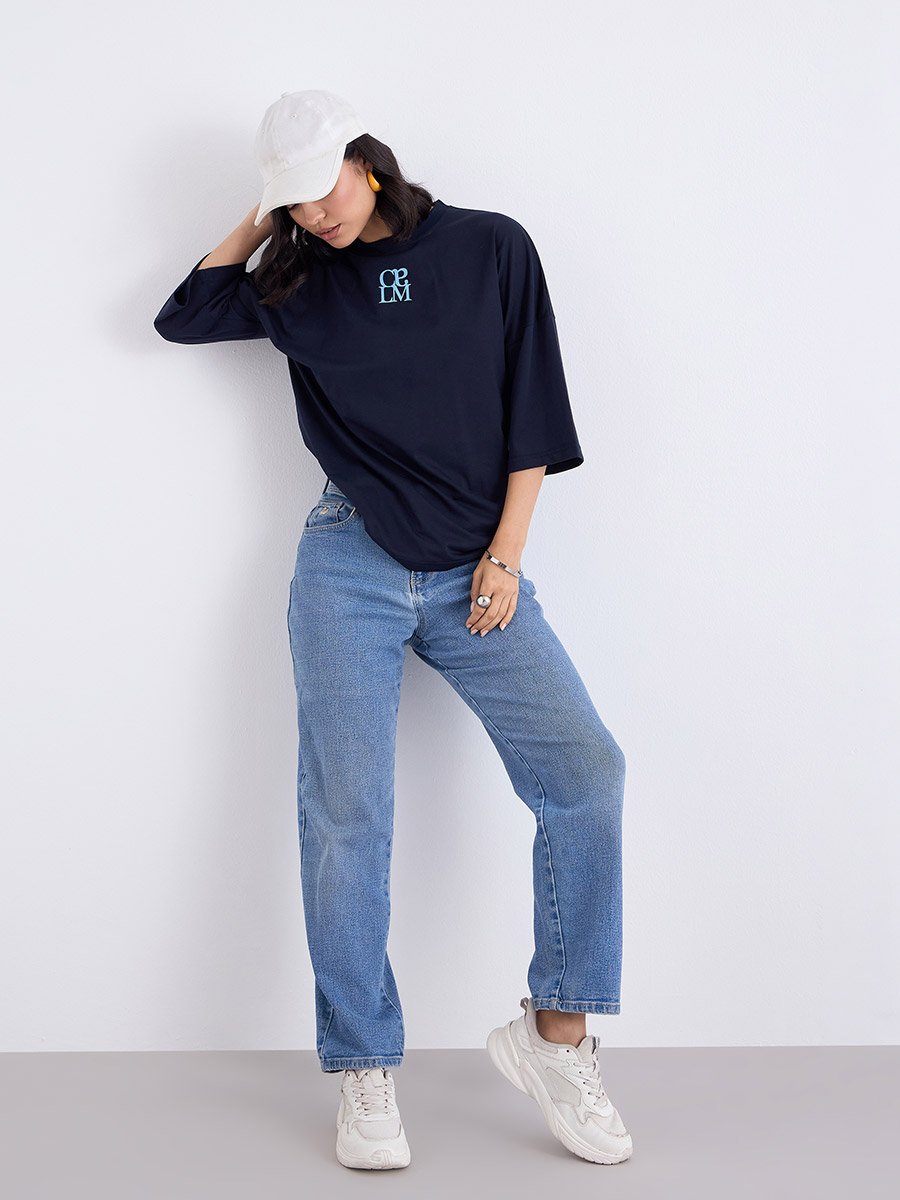 Navy Blue Oversized 3/4 Sleeve 100% Cotton T-Shirt