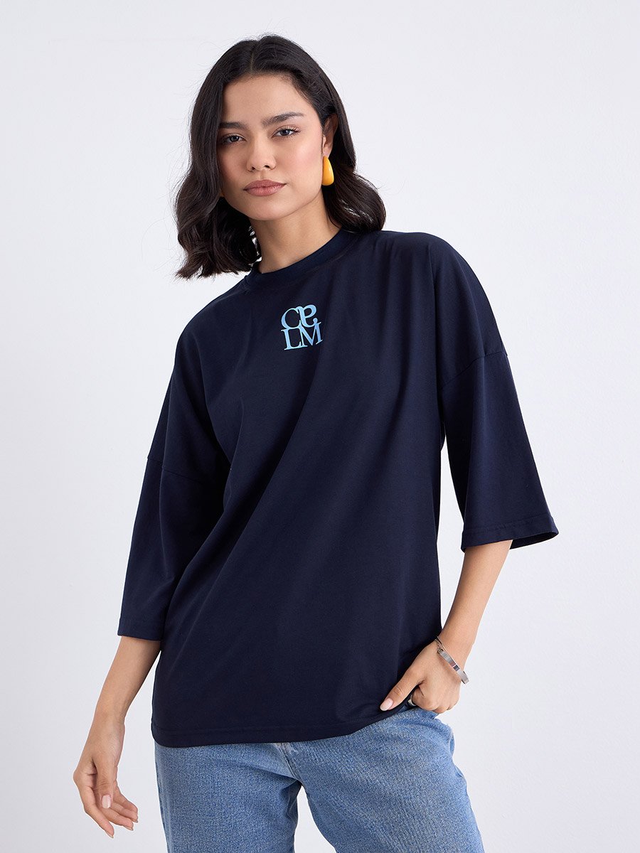 Navy Blue Oversized 3/4 Sleeve 100% Cotton T-Shirt
