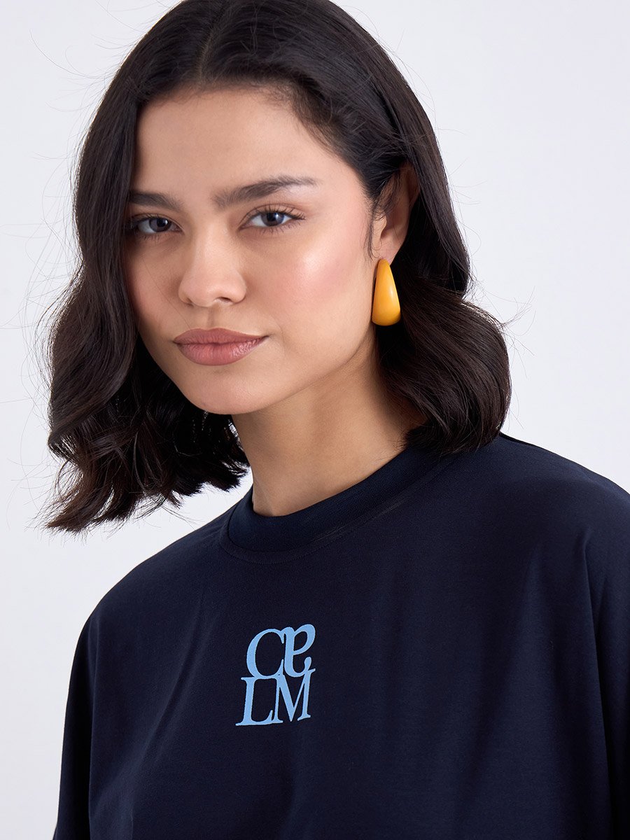 Navy Blue Oversized 3/4 Sleeve 100% Cotton T-Shirt