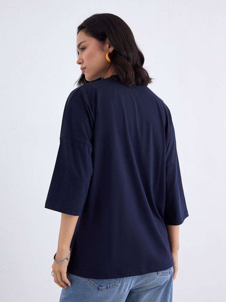 Navy Blue Oversized 3/4 Sleeve 100% Cotton T-Shirt