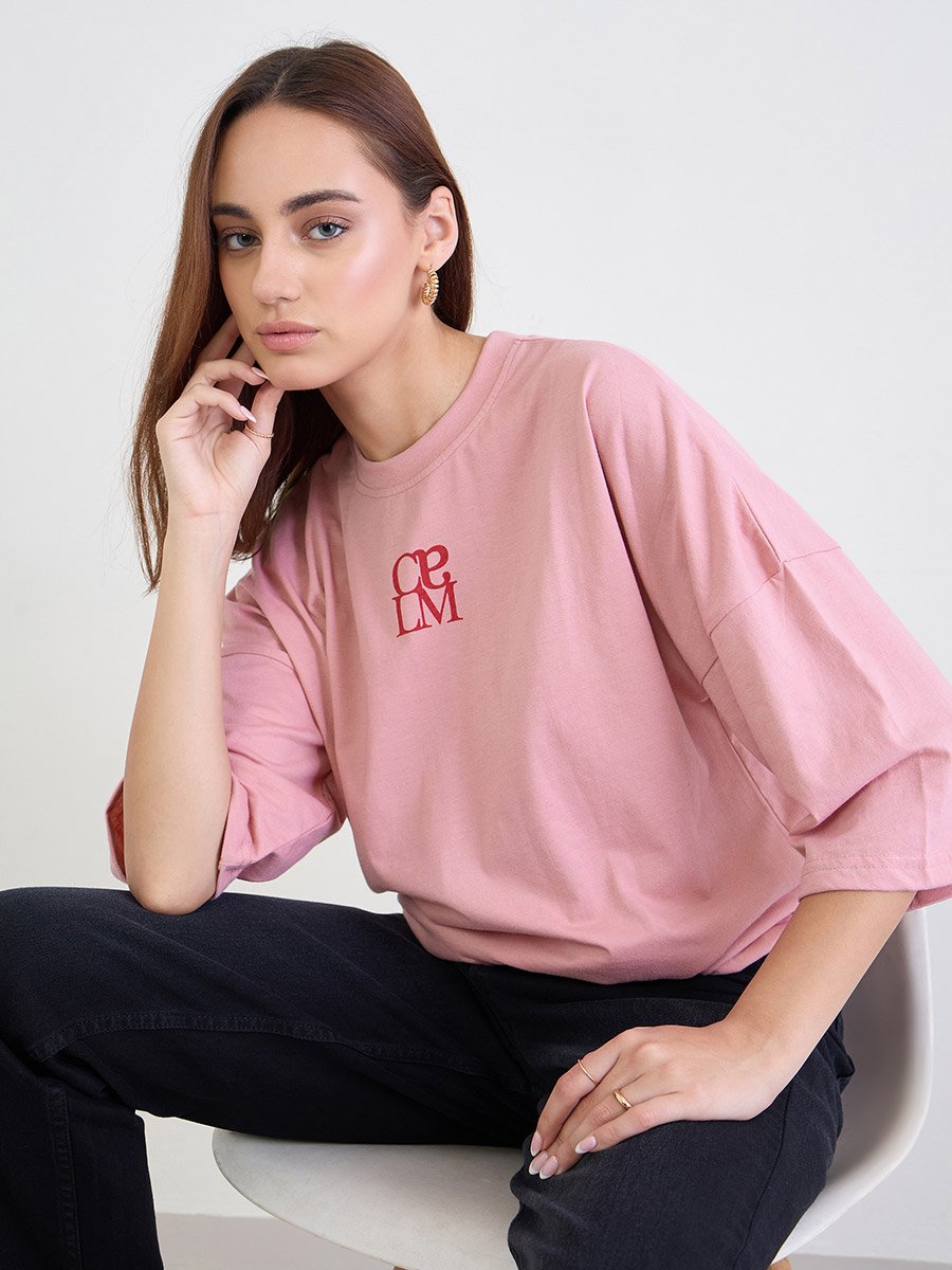 Pink Oversized 3/4 Sleeve 100% Cotton T-Shirt