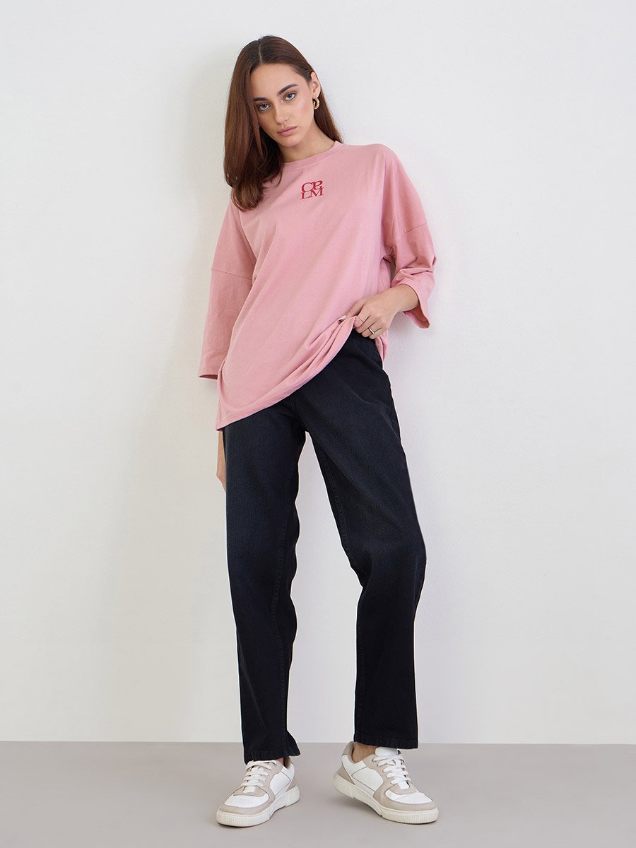 Pink Oversized 3/4 Sleeve 100% Cotton T-Shirt