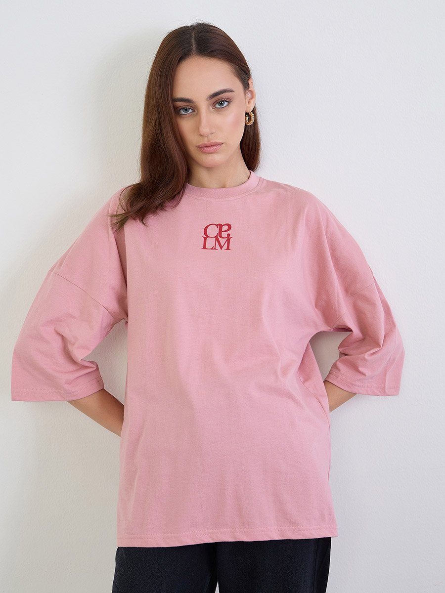 Pink Oversized 3/4 Sleeve 100% Cotton T-Shirt