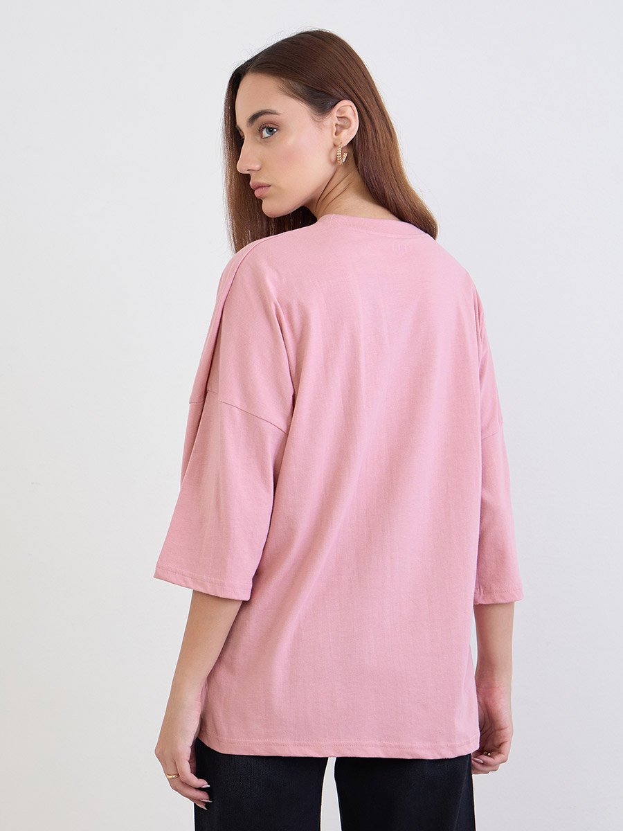 Pink Oversized 3/4 Sleeve 100% Cotton T-Shirt