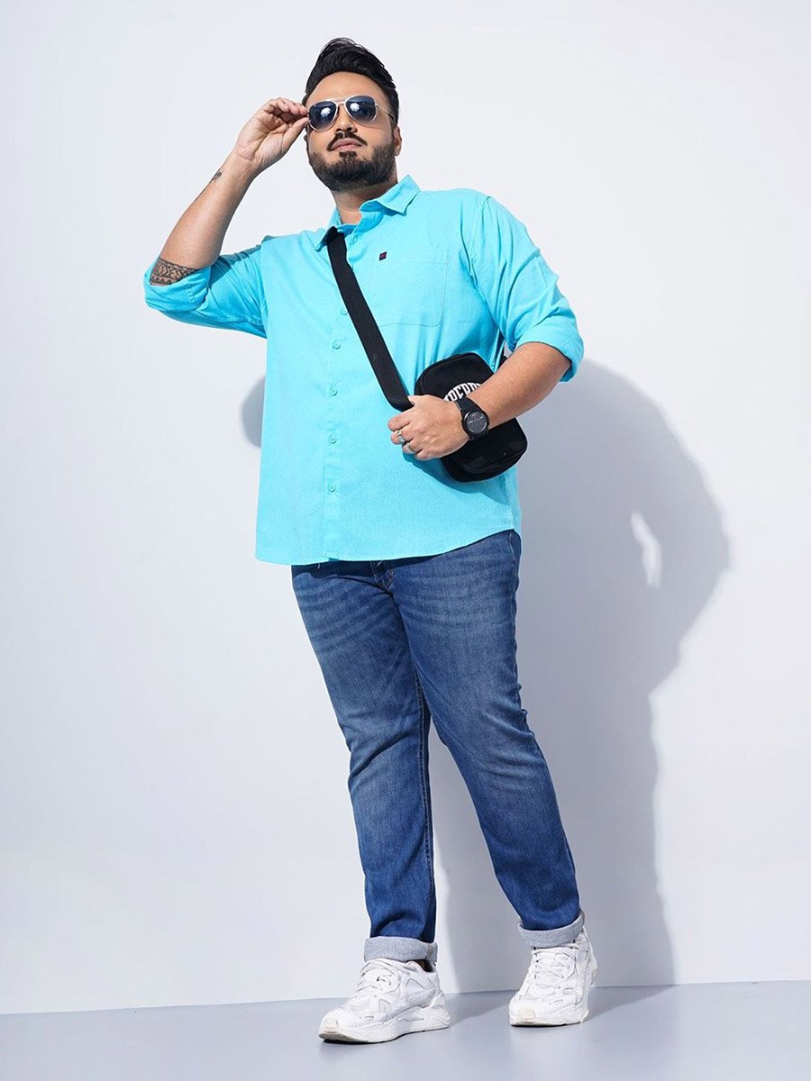 Plus Men Turquoise Regular Fit Casual Shirt
