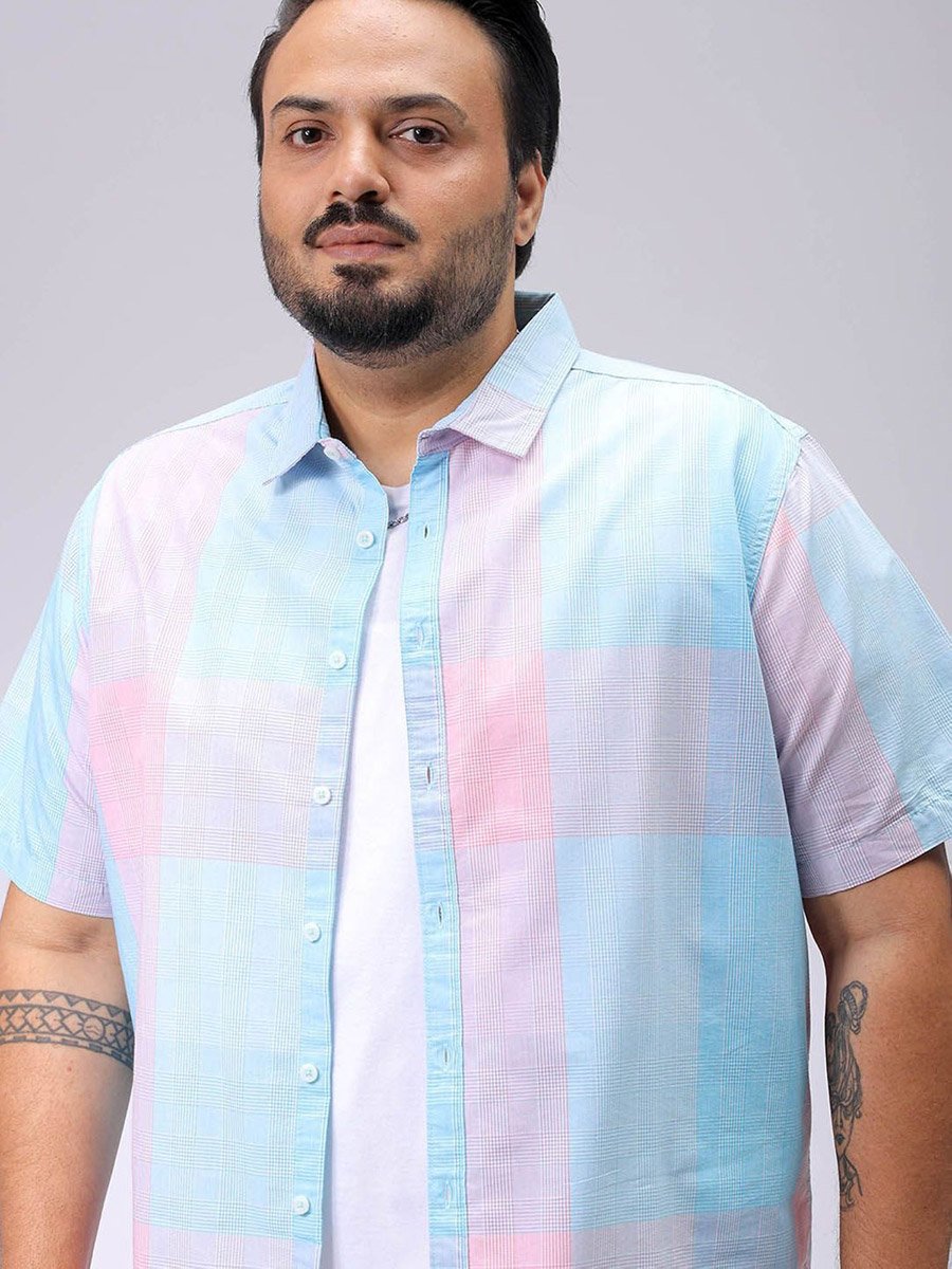 Plus Men Blue Regular Fit Checkered Casual Shirt