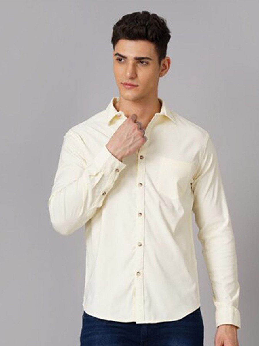 Men Solid Yellow Spread Collar Shirt