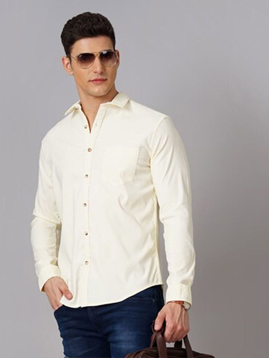 Men Solid Yellow Spread Collar Shirt