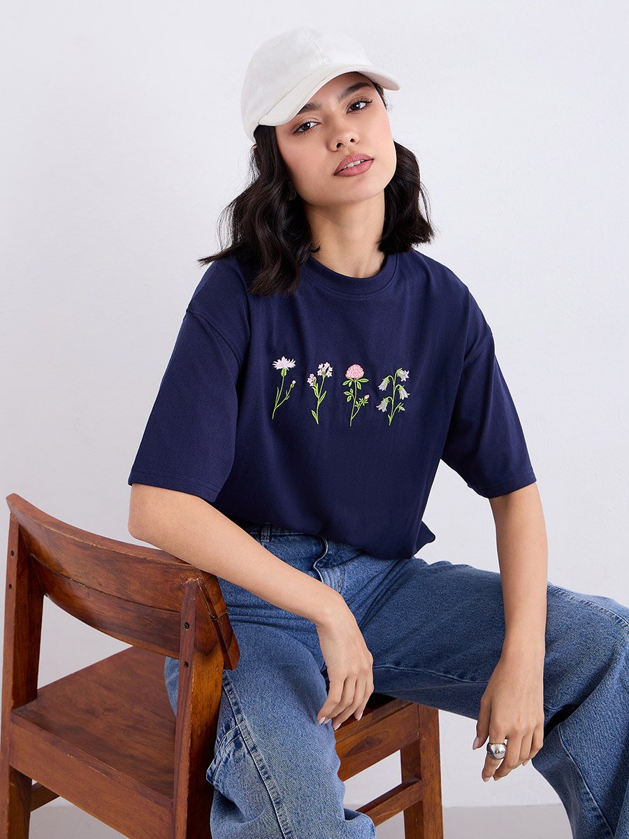 Women Navy Blue Embroidered Oversized T-Shirt