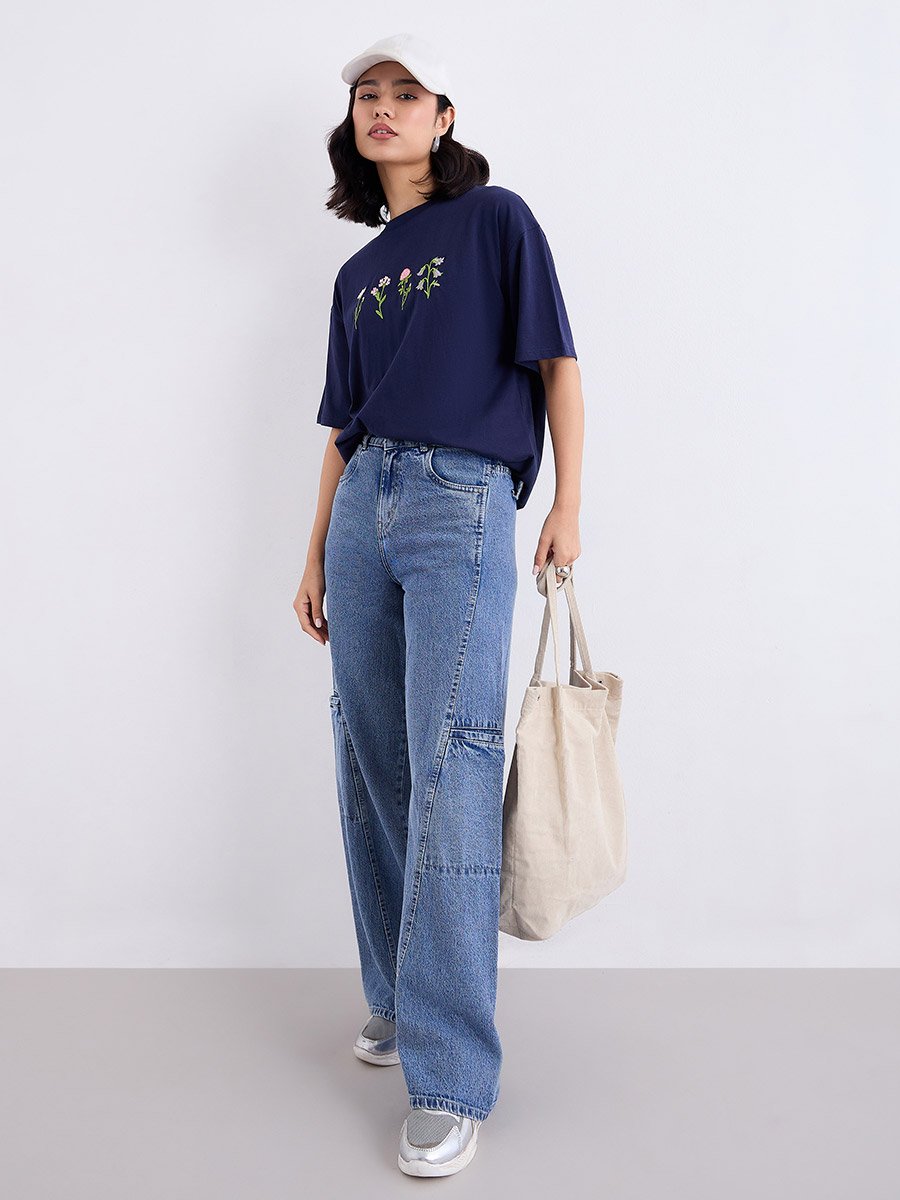 Women Navy Blue Embroidered Oversized T-Shirt