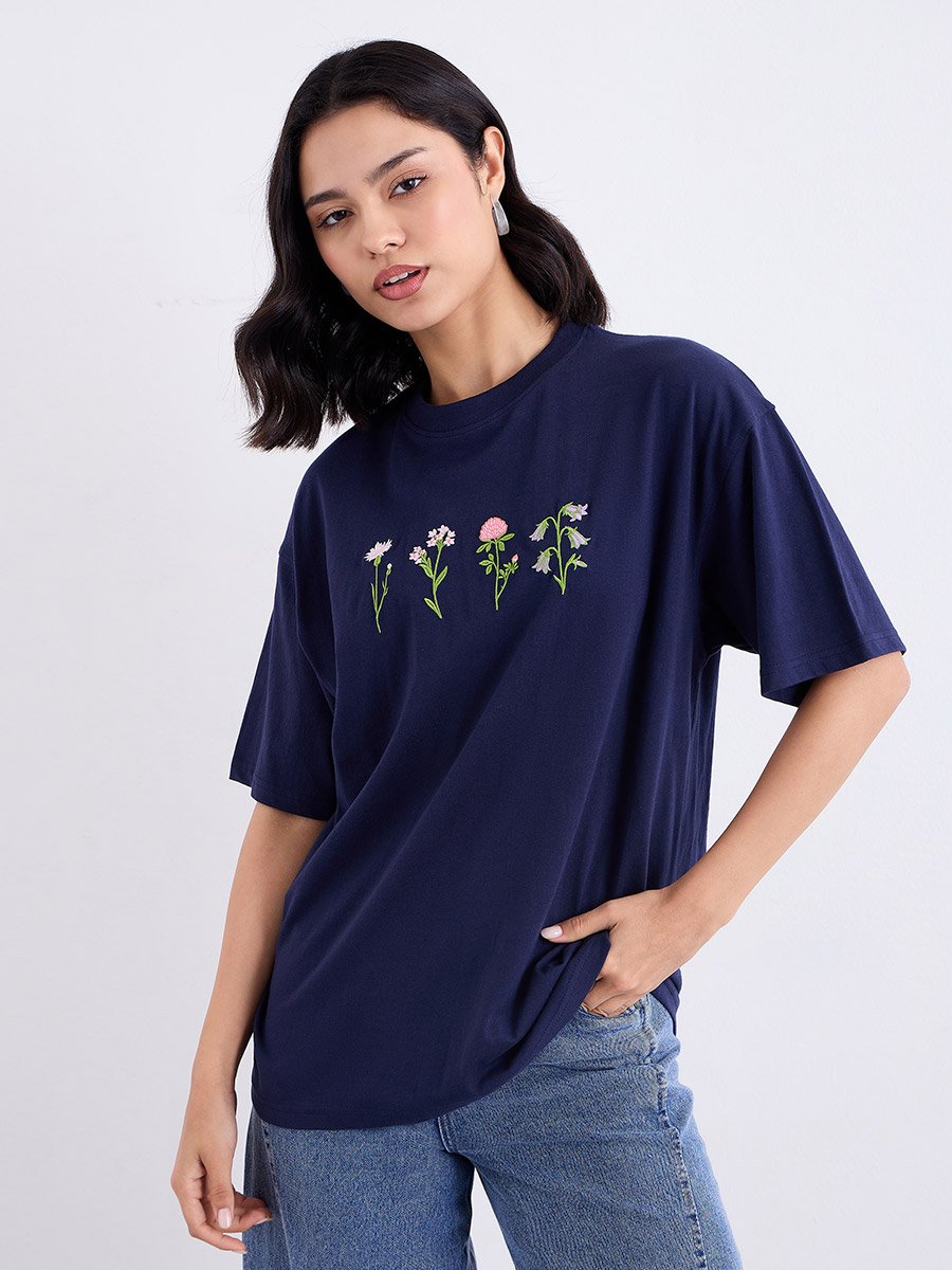 Women Navy Blue Embroidered Oversized T-Shirt