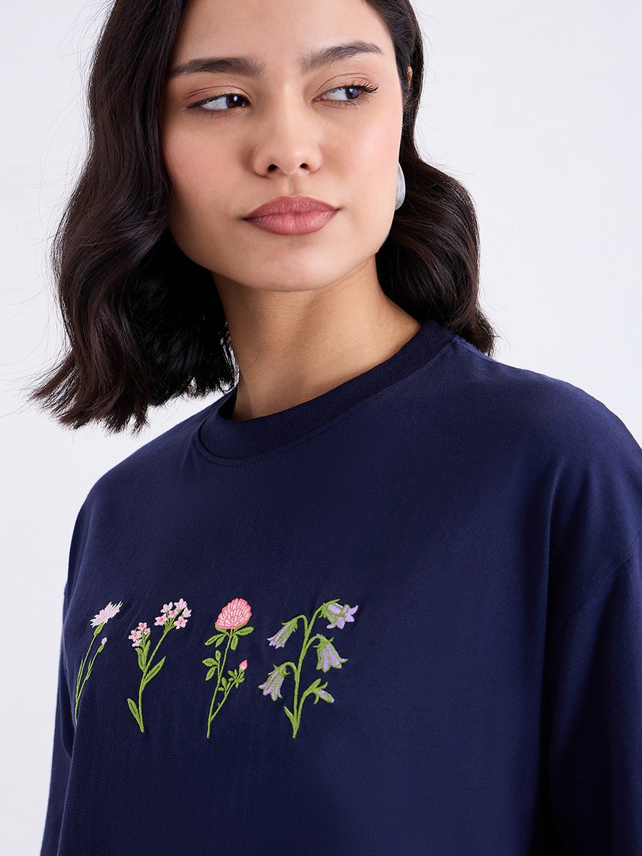 Women Navy Blue Embroidered Oversized T-Shirt