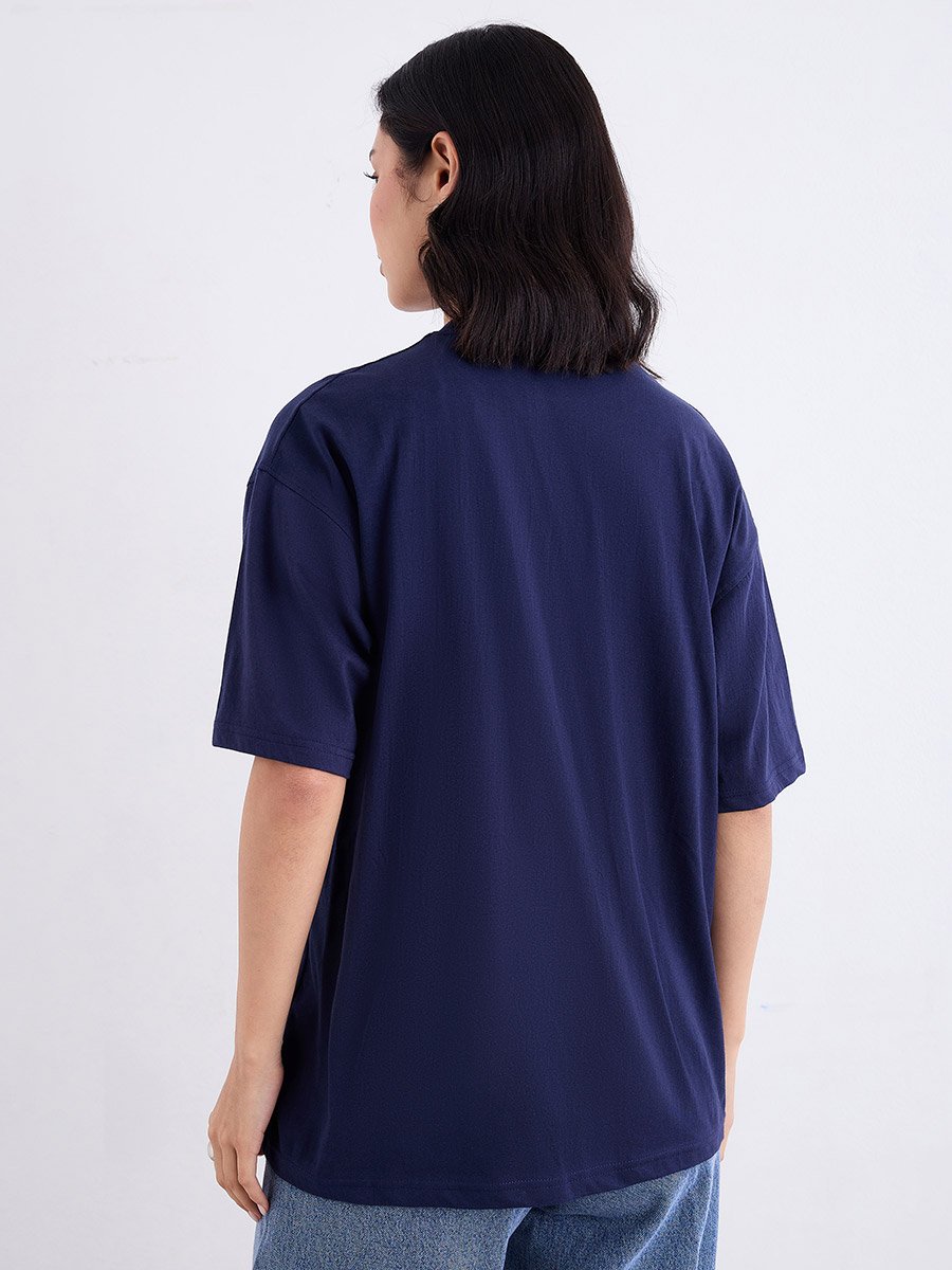 Women Navy Blue Embroidered Oversized T-Shirt