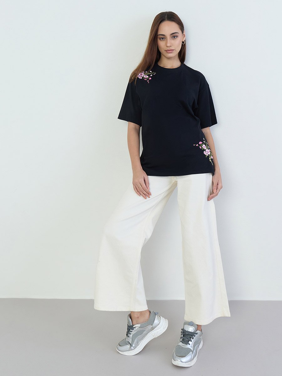Black Embroidered Panel Oversized 100% Cotton T-Shirt