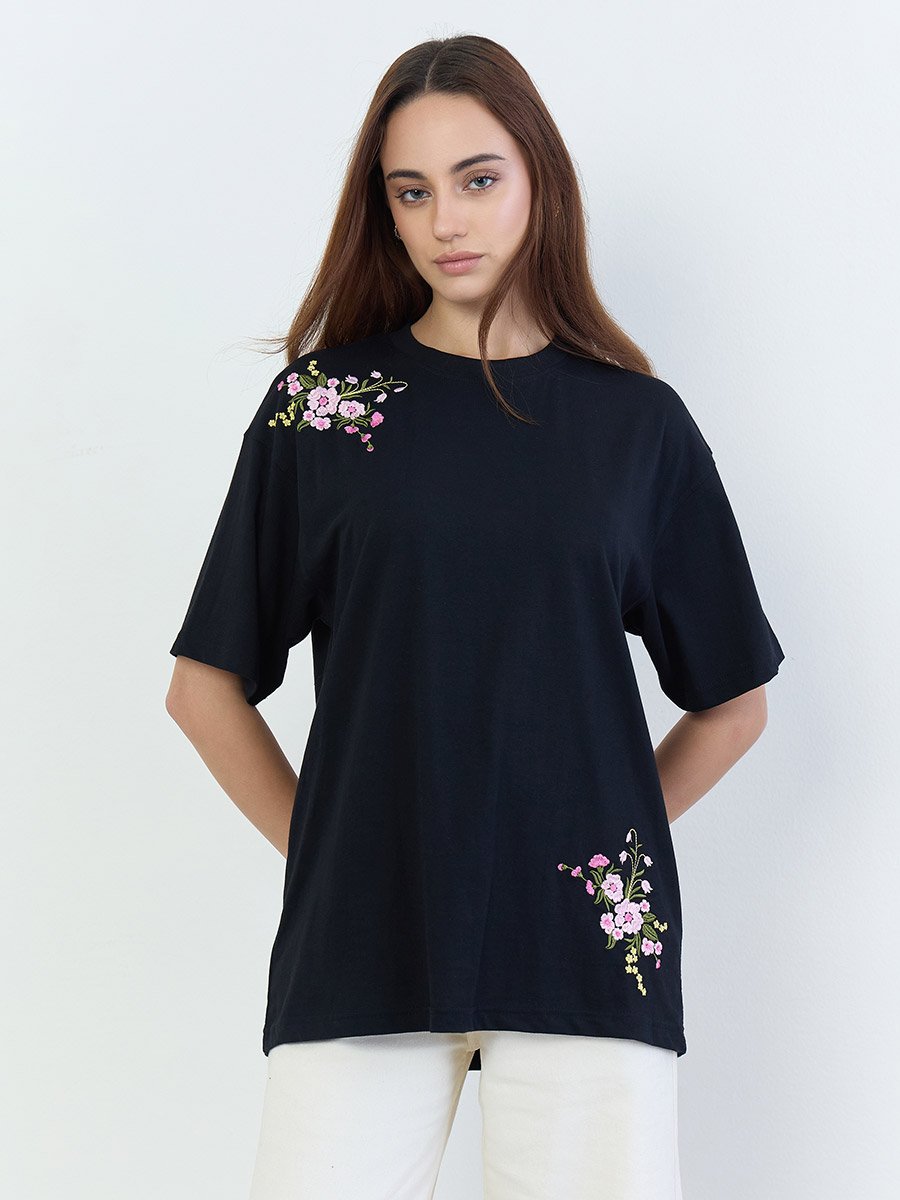 Black Embroidered Panel Oversized 100% Cotton T-Shirt