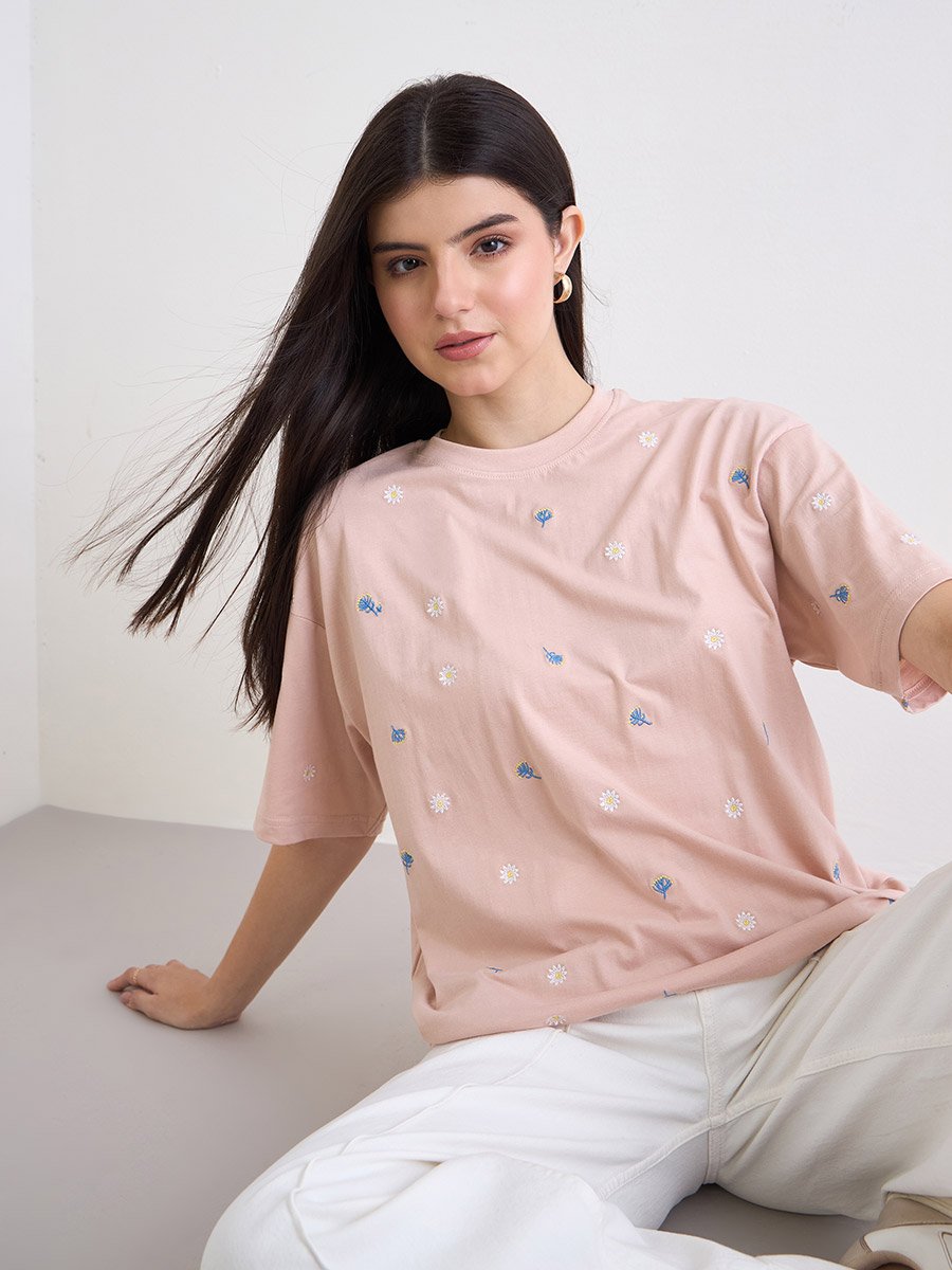 Light Pink Embroidered Oversized 100% Cotton T-Shirt