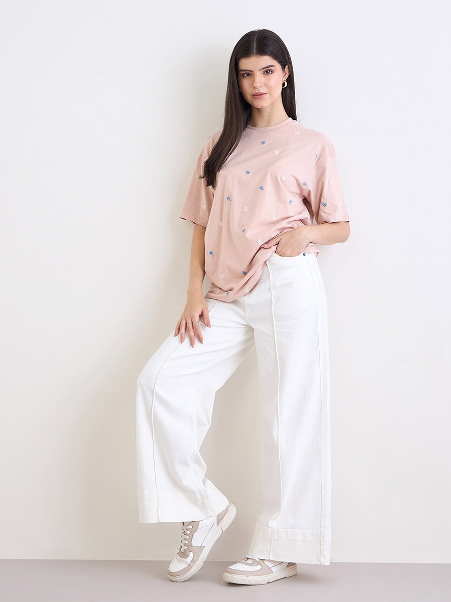 Light Pink Embroidered Oversized 100% Cotton T-Shirt
